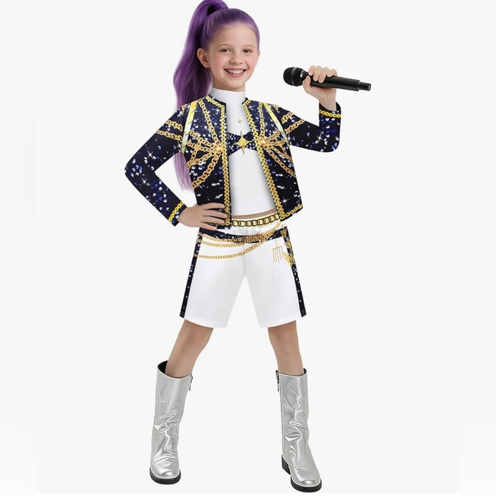 Kids Navy & White Pop Star Costume with Gold Chain Details